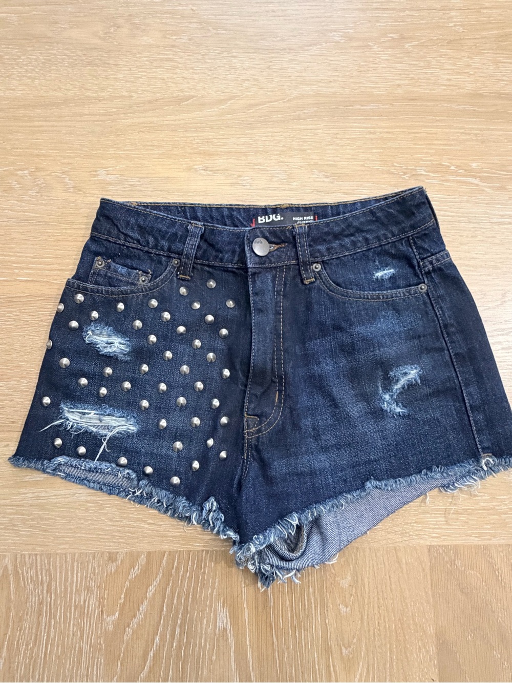 BDG Dark Indigo Studded Distressed High-Rise Denim Shorts